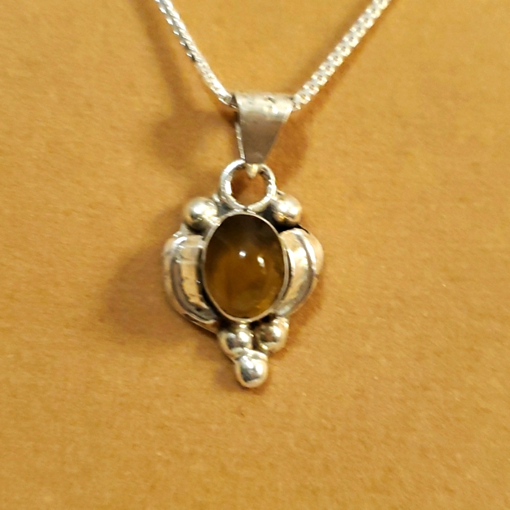 Taxco Mexico Sterling Silver Amber Pendant Necklace 20"